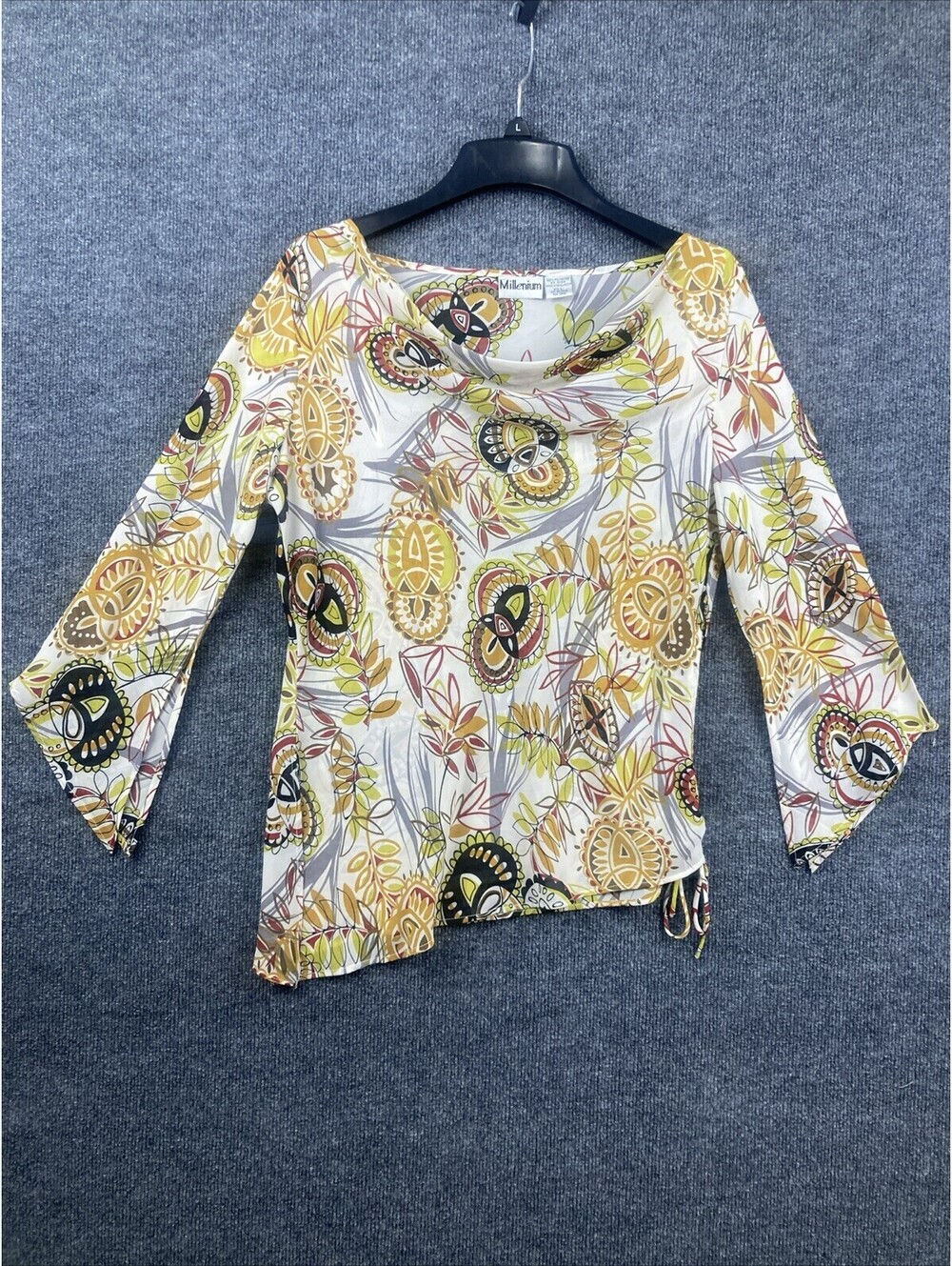 Millenium Women Size Large White Leaf Pattern Sheer Tunic Top Blouse Shirt
